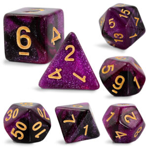 Kości RPG akrylowe fioletowe brokatowe D&D zestaw 7 szt. Woreczek