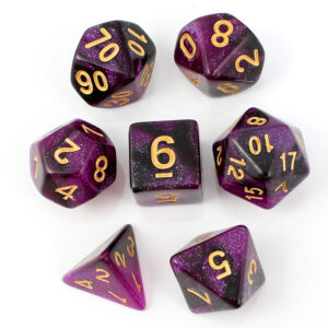 Kości RPG akrylowe fioletowe brokatowe D&D zestaw 7 szt. Woreczek