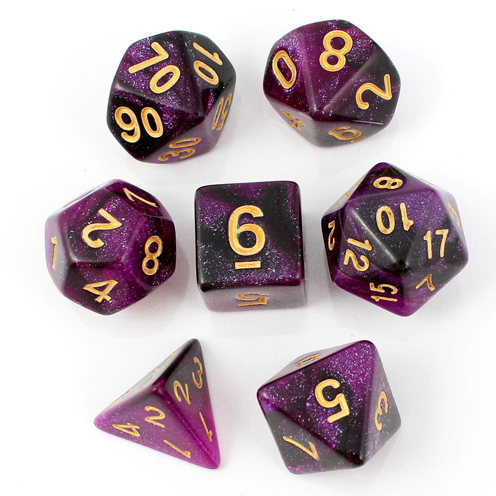 Kości RPG akrylowe fioletowe brokatowe D&D zestaw 7 szt. Woreczek