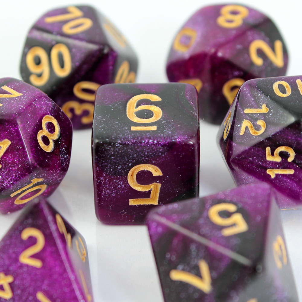 Kości RPG akrylowe fioletowe brokatowe D&D zestaw 7 szt. Woreczek