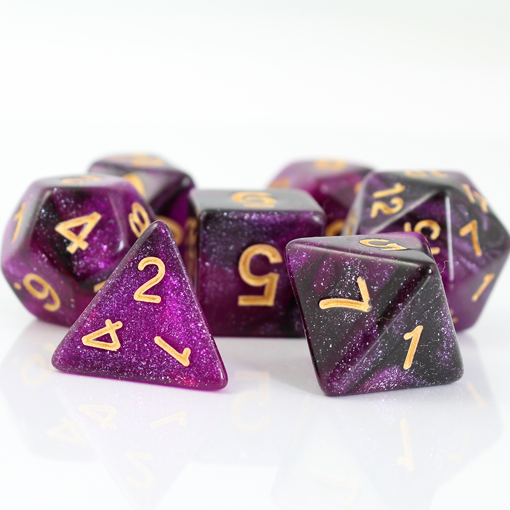 Kości RPG akrylowe fioletowe brokatowe D&D zestaw 7 szt. Woreczek