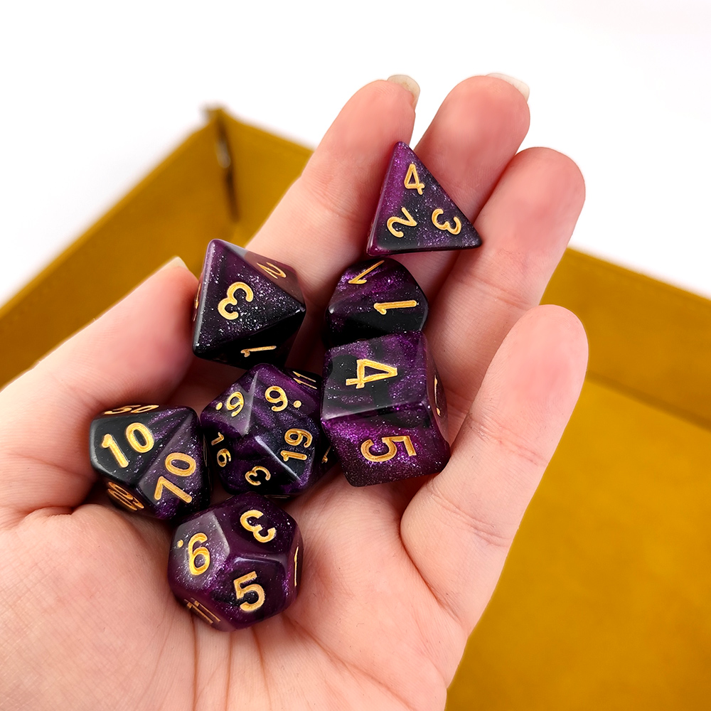 Kości RPG akrylowe fioletowe brokatowe D&D zestaw 7 szt. Woreczek
