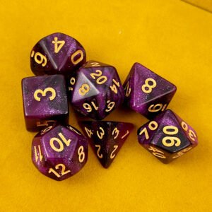 Kości RPG akrylowe fioletowe brokatowe D&D zestaw 7 szt. Woreczek
