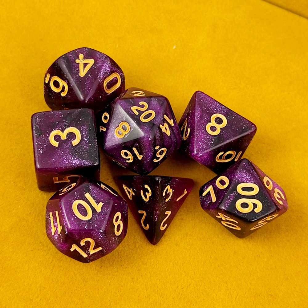 Kości RPG akrylowe fioletowe brokatowe D&D zestaw 7 szt. Woreczek