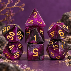 Kości RPG akrylowe fioletowe brokatowe D&D zestaw 7 szt. Woreczek