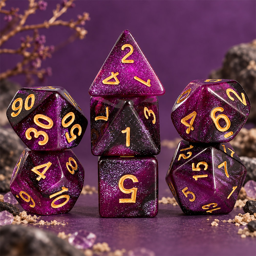 Kości RPG akrylowe fioletowe brokatowe D&D zestaw 7 szt. Woreczek