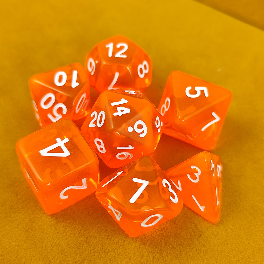 Kości RPG akrylowe pomarańczowe transparentne DnD zestaw 7 szt.