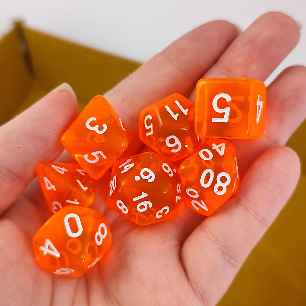 Kości RPG akrylowe pomarańczowe transparentne DnD zestaw 7 szt.