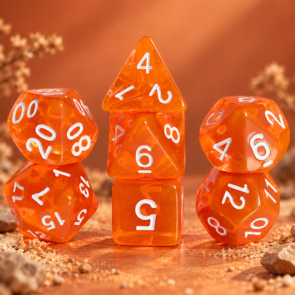 Kości RPG akrylowe pomarańczowe transparentne DnD zestaw 7 szt.