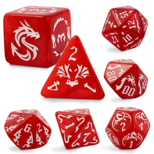 Kości RPG akrylowe czerwone smoki D&D zestaw 7 szt. z woreczkiem
