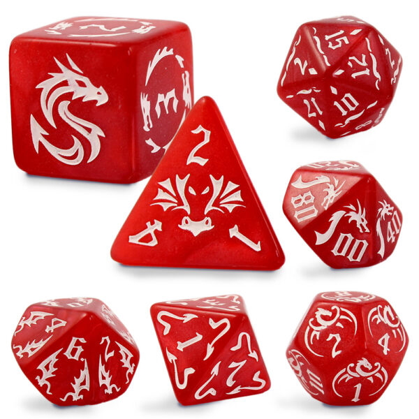 Kości RPG akrylowe czerwone smoki D&D zestaw 7 szt. z woreczkiem