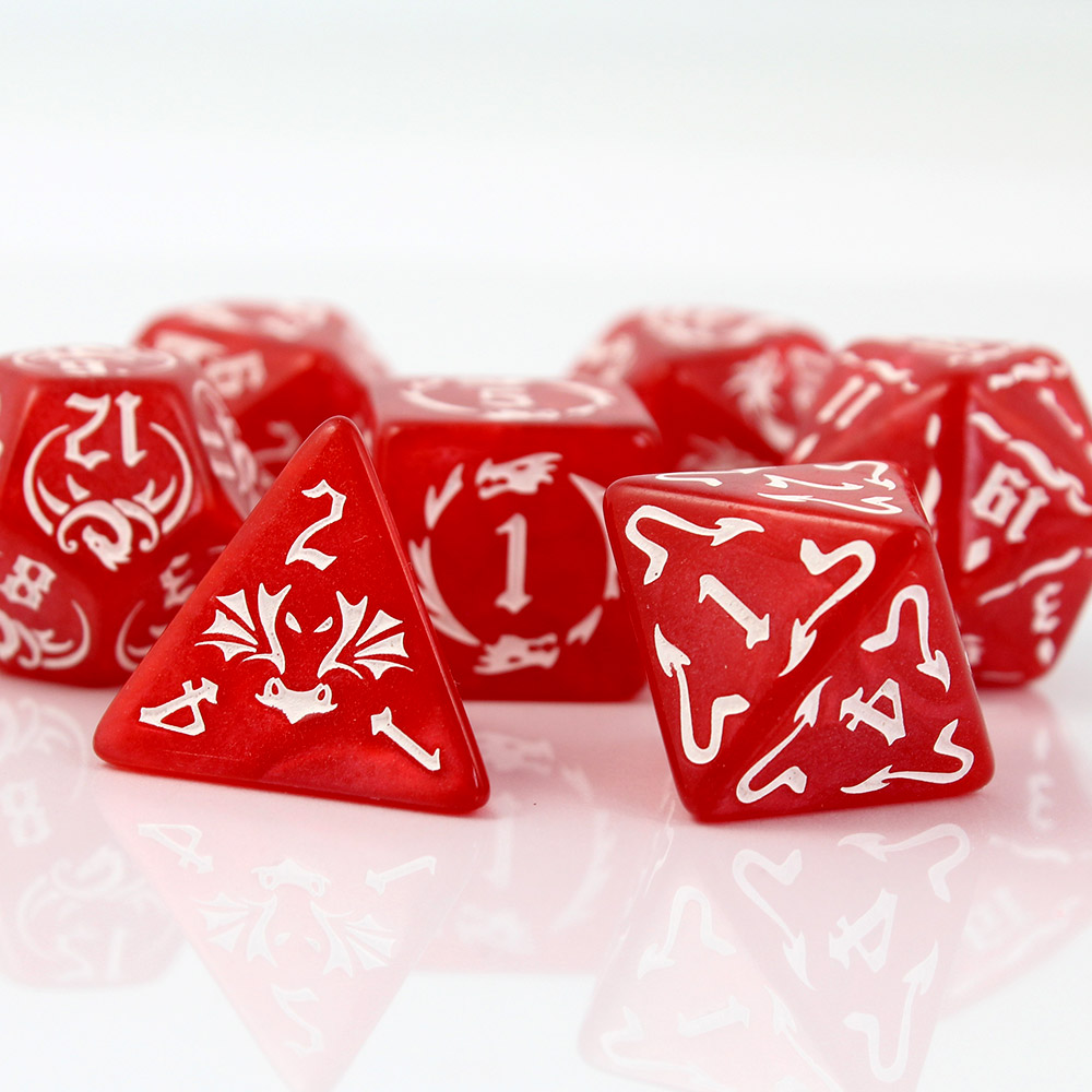 Kości RPG akrylowe czerwone smoki D&D zestaw 7 szt. z woreczkiem