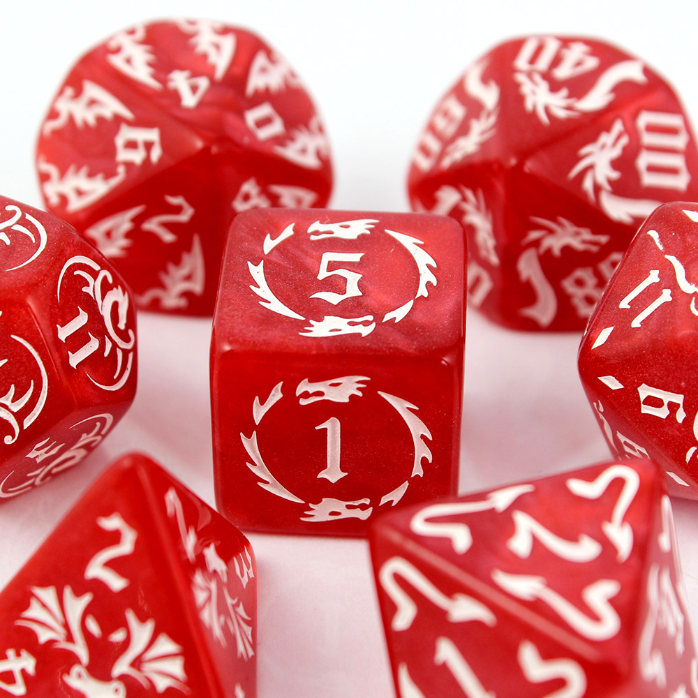 Kości RPG akrylowe czerwone smoki D&D zestaw 7 szt. z woreczkiem