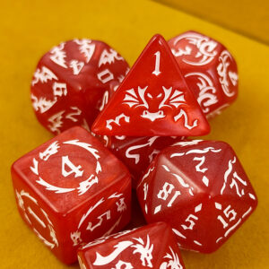 Kości RPG akrylowe czerwone smoki D&D zestaw 7 szt. z woreczkiem