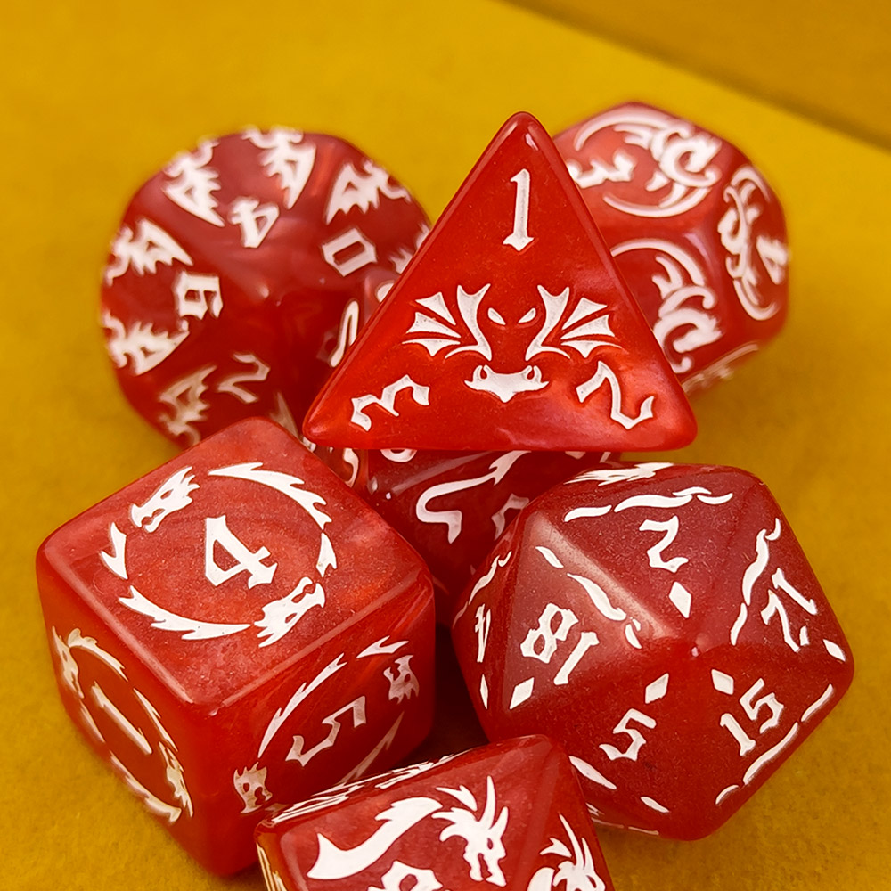 Kości RPG akrylowe czerwone smoki D&D zestaw 7 szt. z woreczkiem