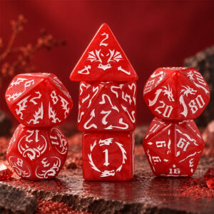 Kości RPG akrylowe czerwone smoki D&D zestaw 7 szt. z woreczkiem