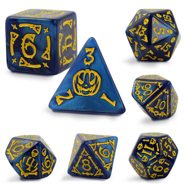 Kości RPG akrylowe Halloween niebieskie dynie D&D zestaw 7 szt.