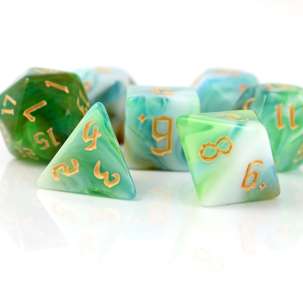 Kości RPG akrylowe zielone D&D Pathfinder zestaw 7 szt. woreczek