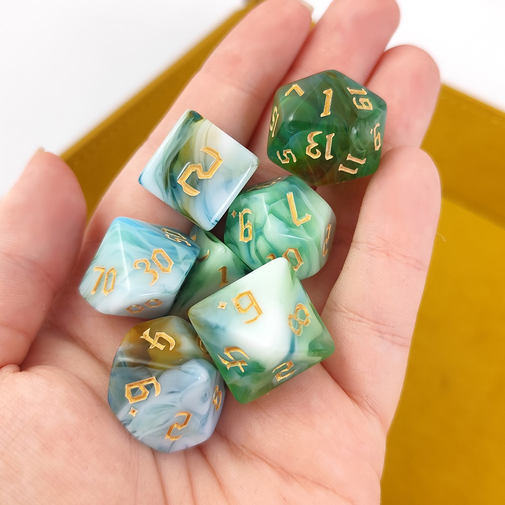 Kości RPG akrylowe zielone D&D Pathfinder zestaw 7 szt. woreczek