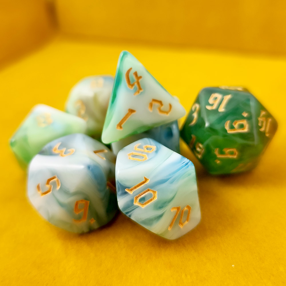 Kości RPG akrylowe zielone D&D Pathfinder zestaw 7 szt. woreczek