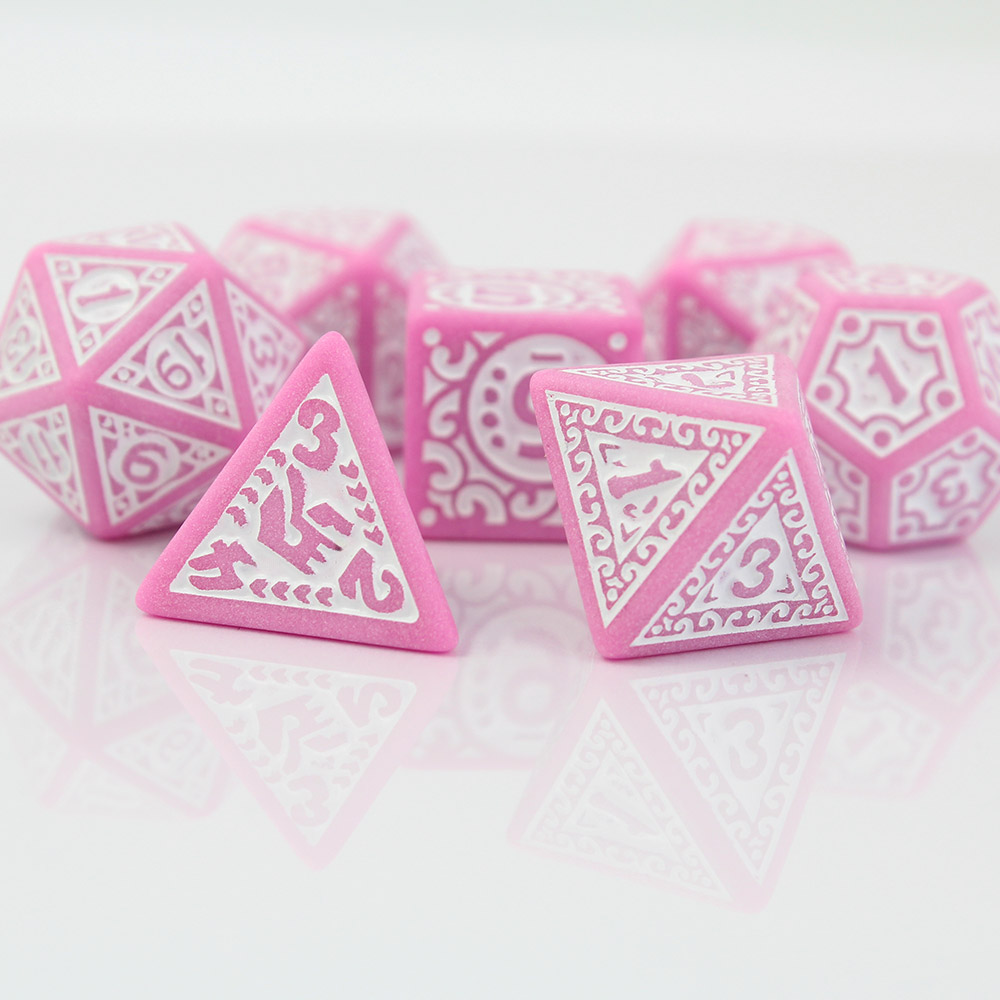 Kości RPG akrylowe różowe ornamenty D&D zestaw 7 szt. woreczek