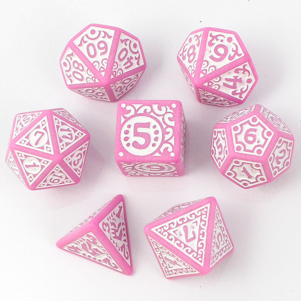 Kości RPG akrylowe różowe ornamenty D&D zestaw 7 szt. woreczek