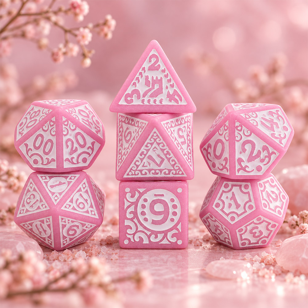 Kości RPG akrylowe różowe ornamenty D&D zestaw 7 szt. woreczek