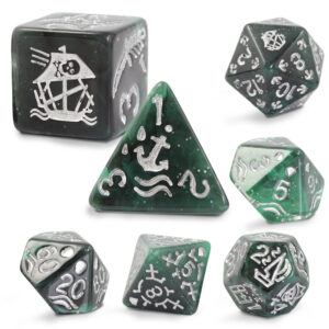 Kości RPG akrylowe pirackie zielone D&D zestaw 7 szt. woreczek