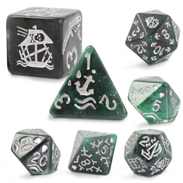 Kości RPG akrylowe pirackie zielone D&D zestaw 7 szt. woreczek