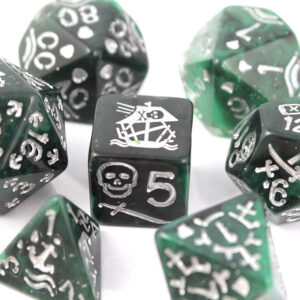 Kości RPG akrylowe pirackie zielone D&D zestaw 7 szt. woreczek