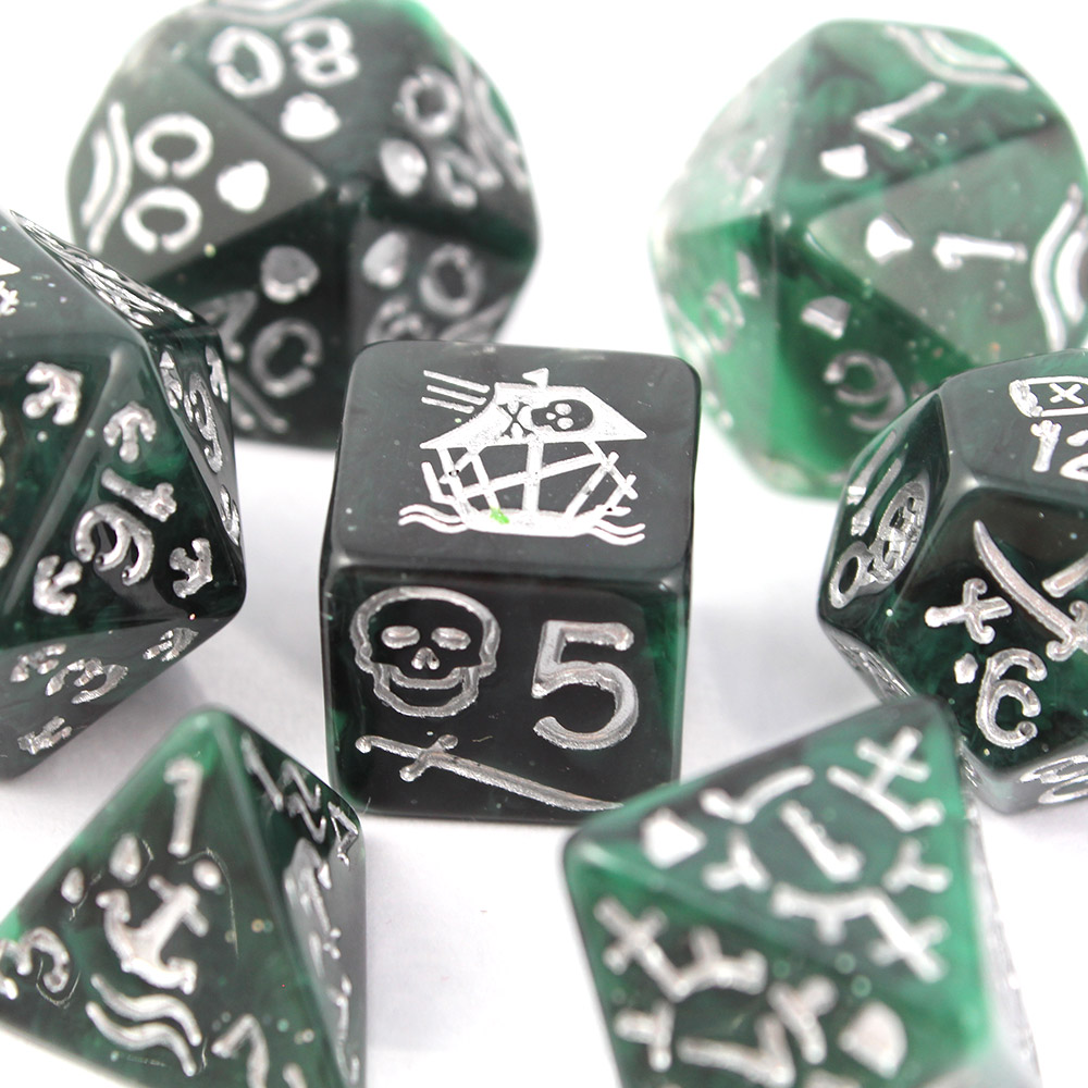 Kości RPG akrylowe pirackie zielone D&D zestaw 7 szt. woreczek