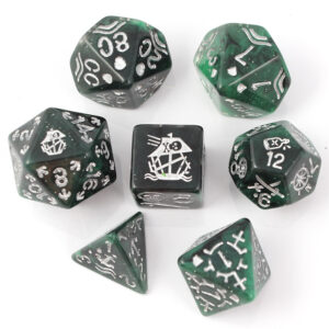 Kości RPG akrylowe pirackie zielone D&D zestaw 7 szt. woreczek