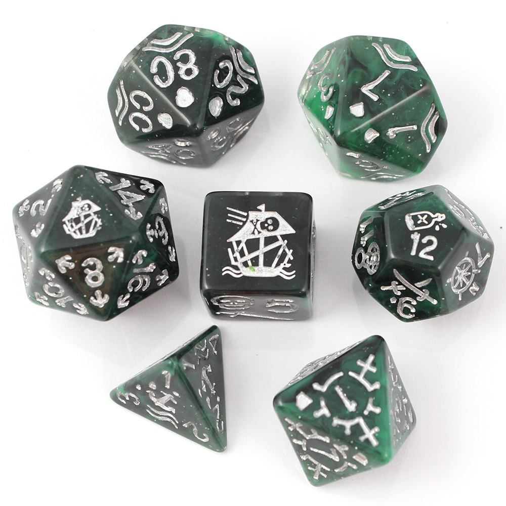 Kości RPG akrylowe pirackie zielone D&D zestaw 7 szt. woreczek