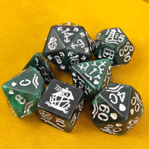 Kości RPG akrylowe pirackie zielone D&D zestaw 7 szt. woreczek