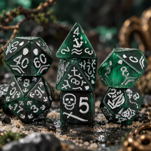 Kości RPG akrylowe pirackie zielone D&D zestaw 7 szt. woreczek