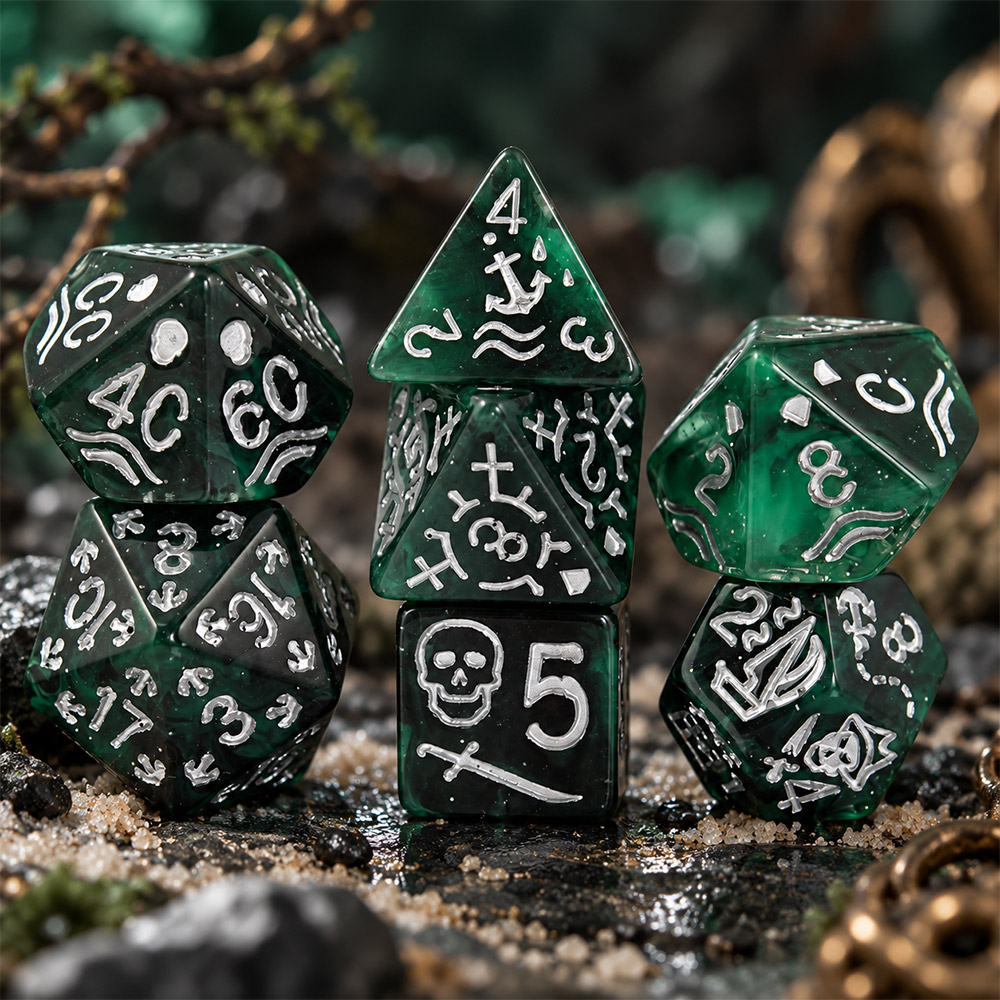 Kości RPG akrylowe pirackie zielone D&D zestaw 7 szt. woreczek