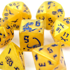 Kości RPG akrylowe dinozaury żółte D&D zestaw 7 szt. woreczek