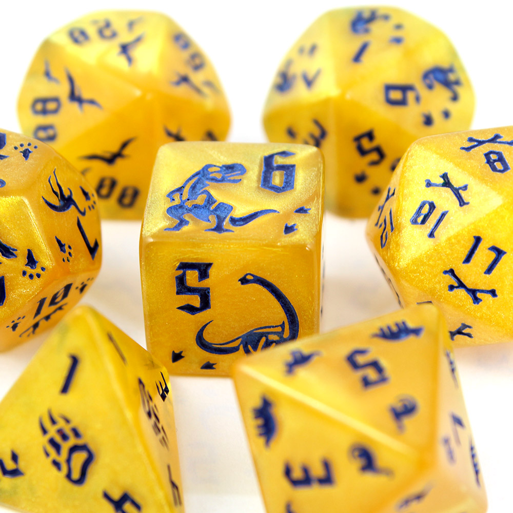 Kości RPG akrylowe dinozaury żółte D&D zestaw 7 szt. woreczek