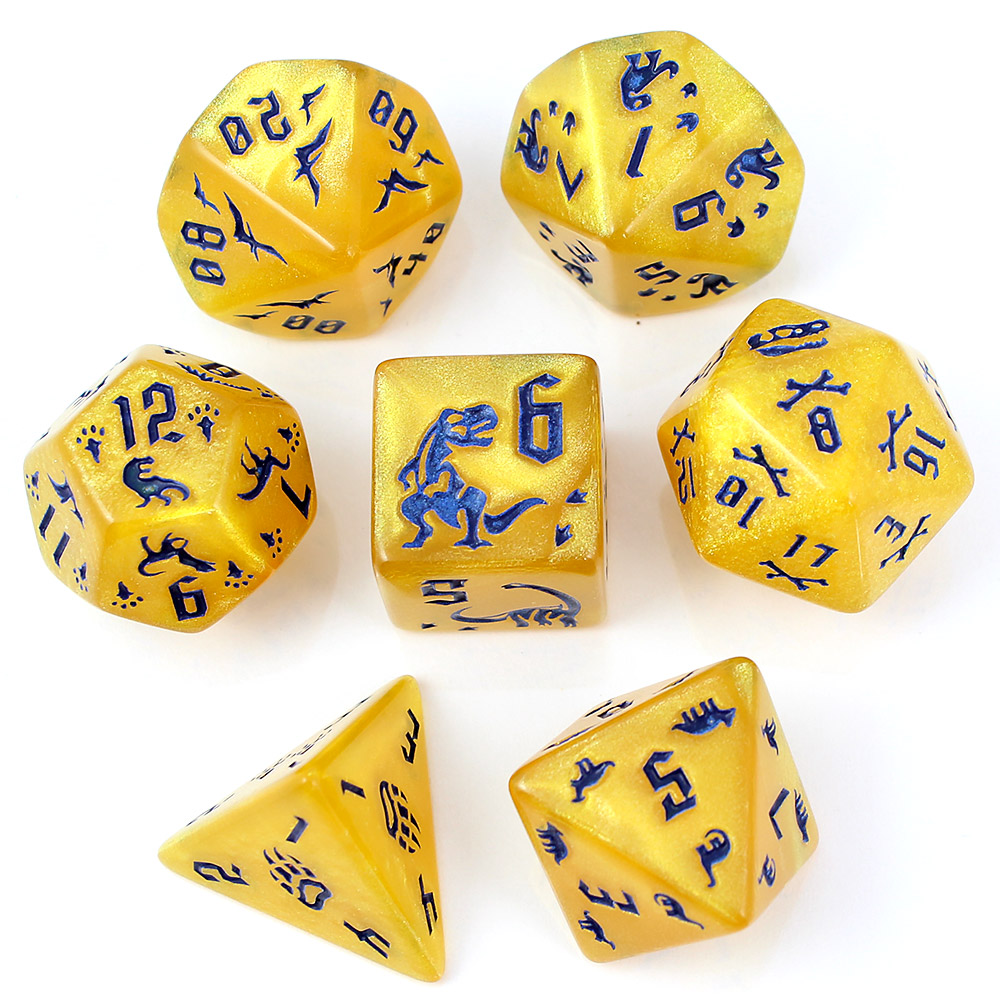 Kości RPG akrylowe dinozaury żółte D&D zestaw 7 szt. woreczek