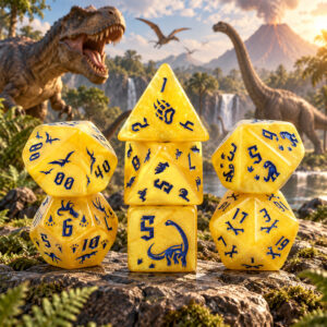 Kości RPG akrylowe dinozaury żółte D&D zestaw 7 szt. woreczek