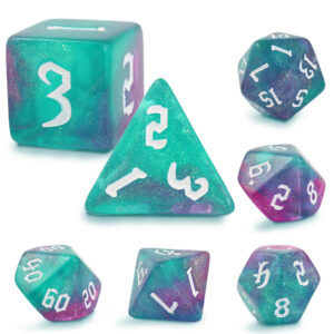 Kości RPG akrylowe turkusowe brokatowe D&D zestaw 7 szt. woreczek