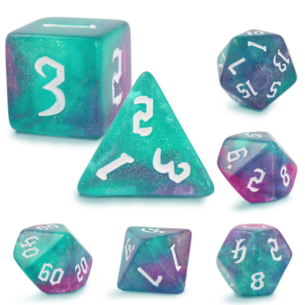 Kości RPG akrylowe turkusowe brokatowe D&D zestaw 7 szt. woreczek