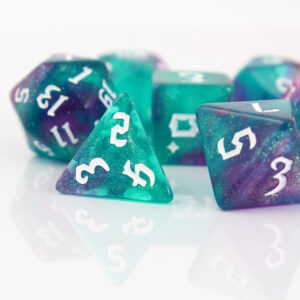 Kości RPG akrylowe turkusowe brokatowe D&D zestaw 7 szt. woreczek