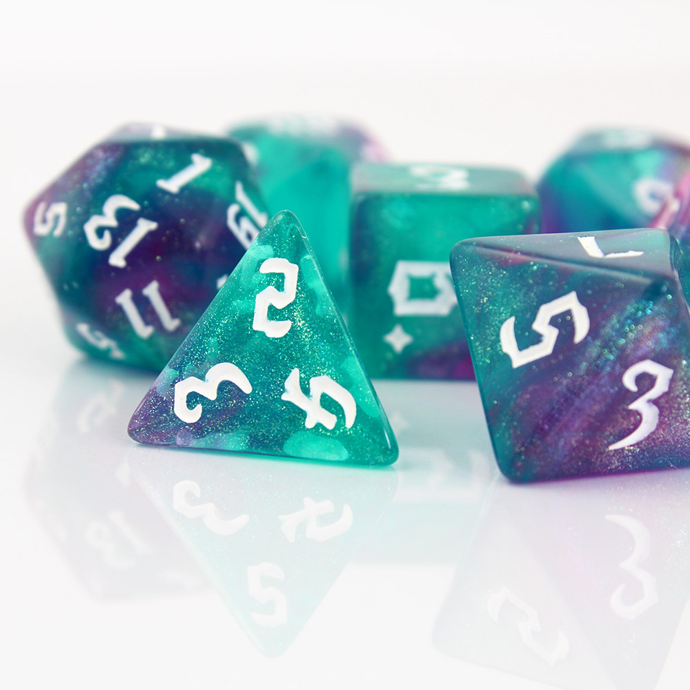 Kości RPG akrylowe turkusowe brokatowe D&amp;D zestaw 7 szt. woreczek