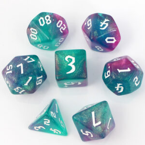 Kości RPG akrylowe turkusowe brokatowe D&D zestaw 7 szt. woreczek