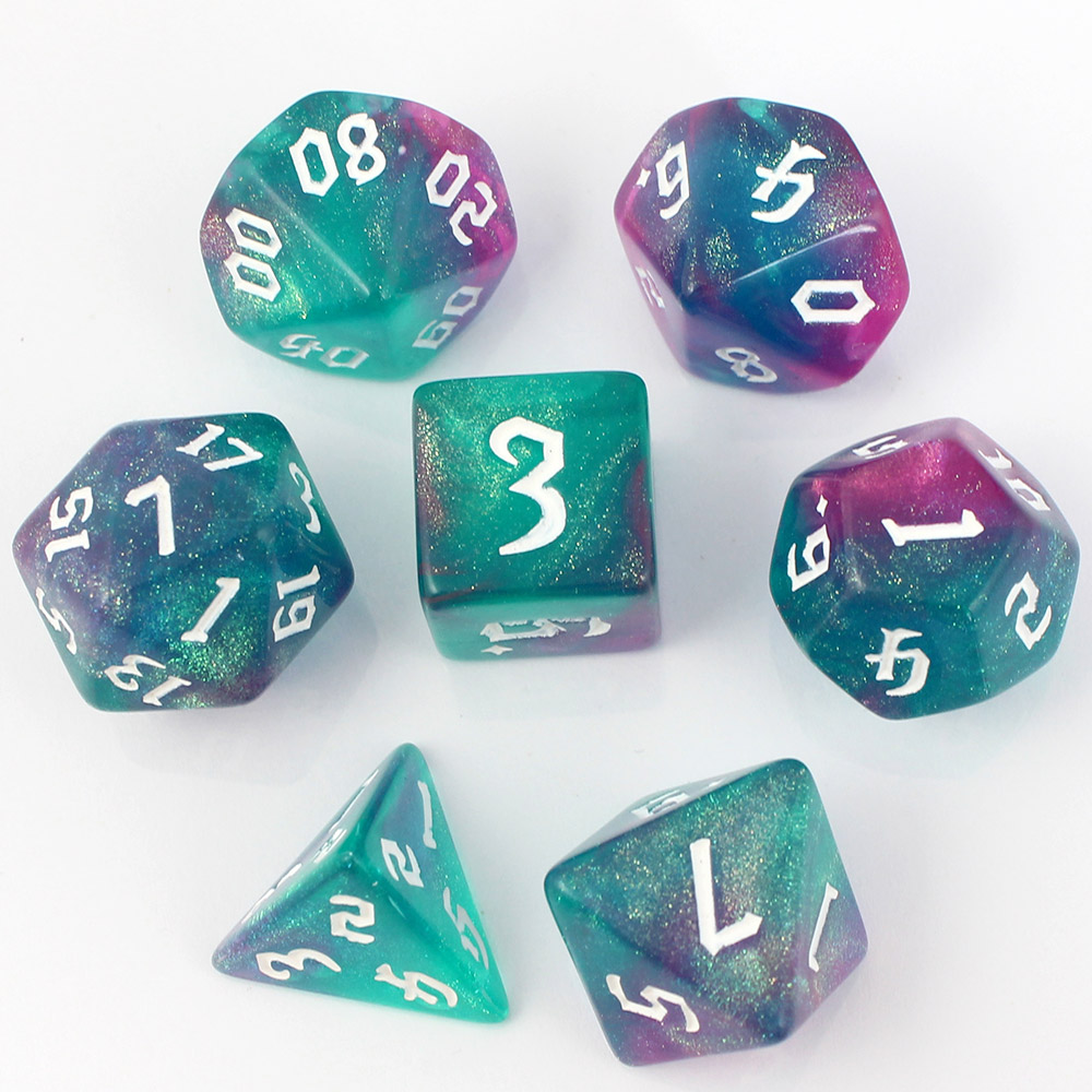 Kości RPG akrylowe turkusowe brokatowe D&amp;D zestaw 7 szt. woreczek