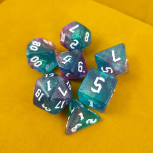 Kości RPG akrylowe turkusowe brokatowe D&D zestaw 7 szt. woreczek
