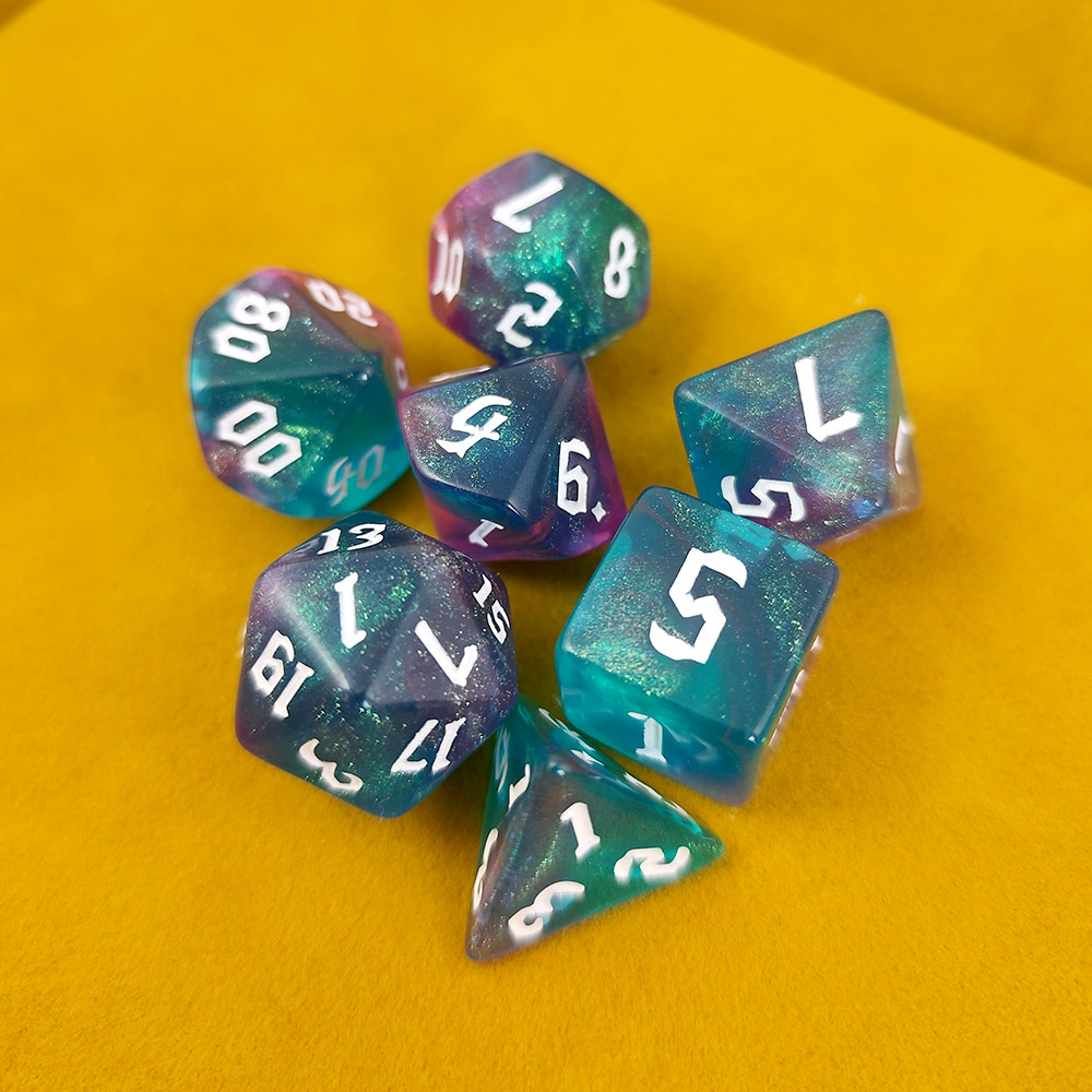 Kości RPG akrylowe turkusowe brokatowe D&amp;D zestaw 7 szt. woreczek