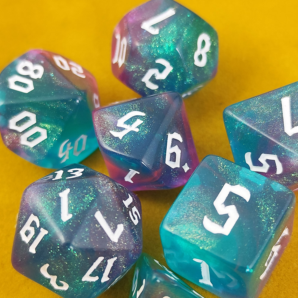 Kości RPG akrylowe turkusowe brokatowe D&amp;D zestaw 7 szt. woreczek