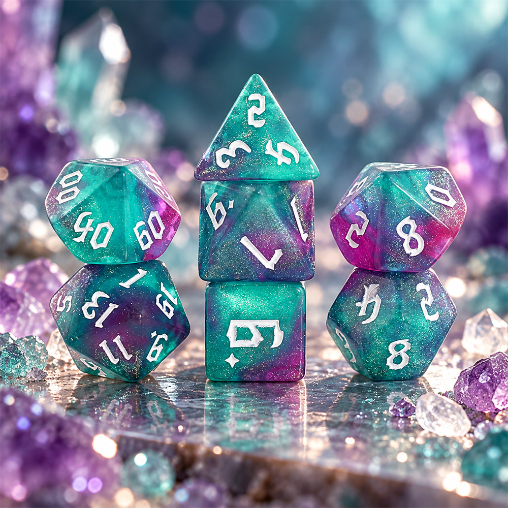 Kości RPG akrylowe turkusowe brokatowe D&amp;D zestaw 7 szt. woreczek